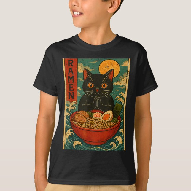 Camiseta Black Cat Ramen Japanese Graphic Tees For Men Wome (Frente)