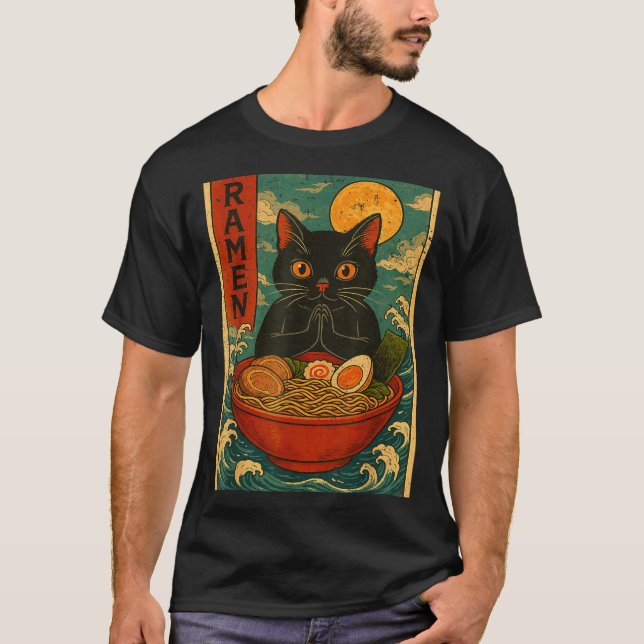 Camiseta Black Cat Ramen Japanese Graphic Tees For Men Wome (Frente)