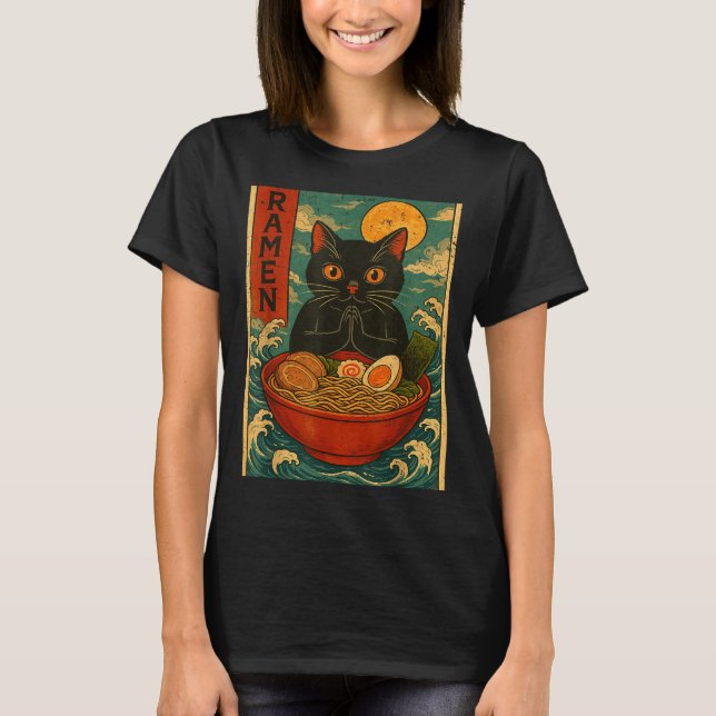Camiseta Black Cat Ramen Japanese Graphic Tees For Men Wome (Frente)