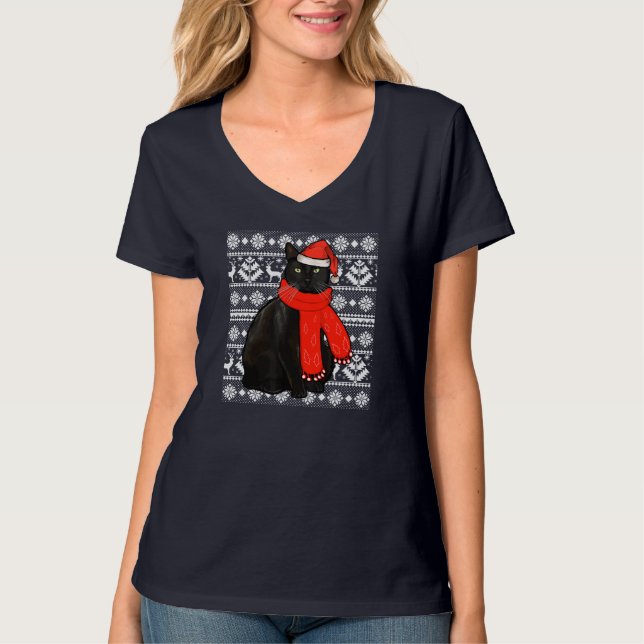Camiseta Black Cat Santa Hat Febre Fresca De Natal X (Frente)