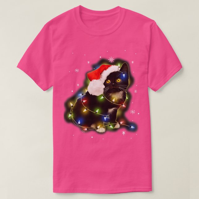 Camiseta Black Cat Santa Hat Led Natal Luzes Felizes (Frente do Design)