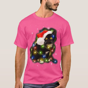 Camiseta Black Cat Santa Hat Led Natal Luzes Felizes