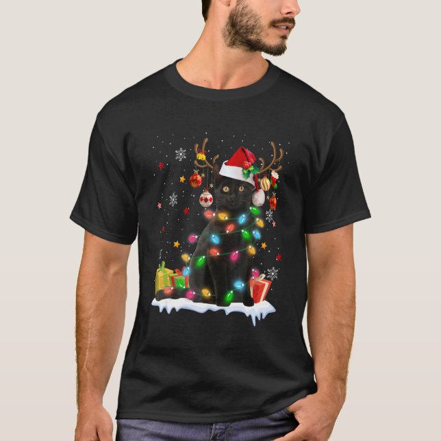 Camiseta Black Cat Santa Hat Reindeer Christmas Lights Cat  (Frente)