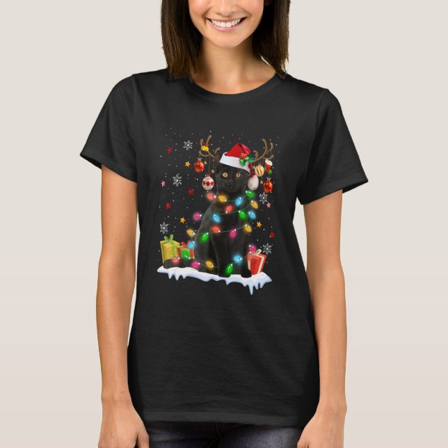 Camiseta Black Cat Santa Hat Reindeer Christmas Lights Cat  (Frente)