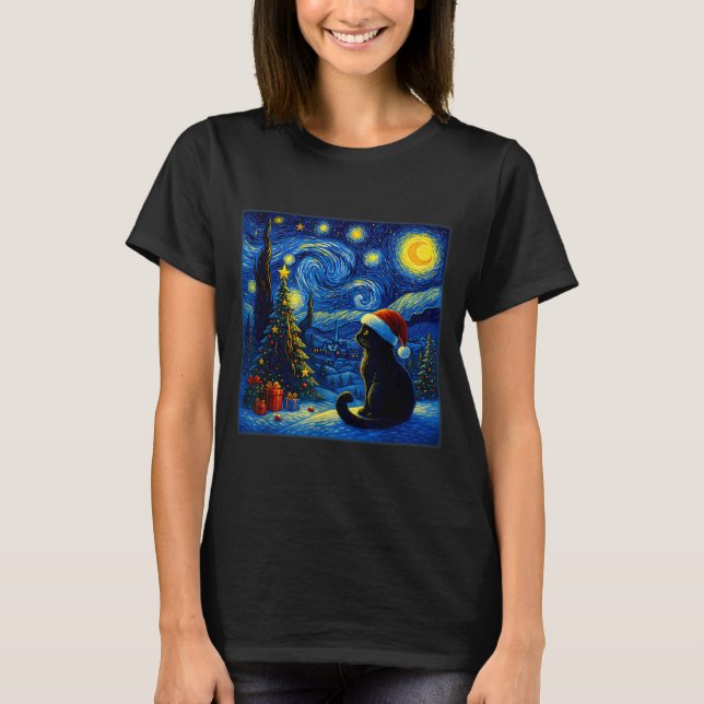 Camiseta Black Cat Santa Hat Van Gogh Starry Night Christma (Frente)