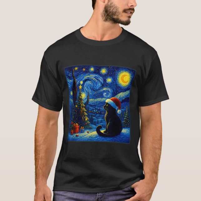 Camiseta Black Cat Santa Hat Van Gogh Starry Night Christma (Frente)