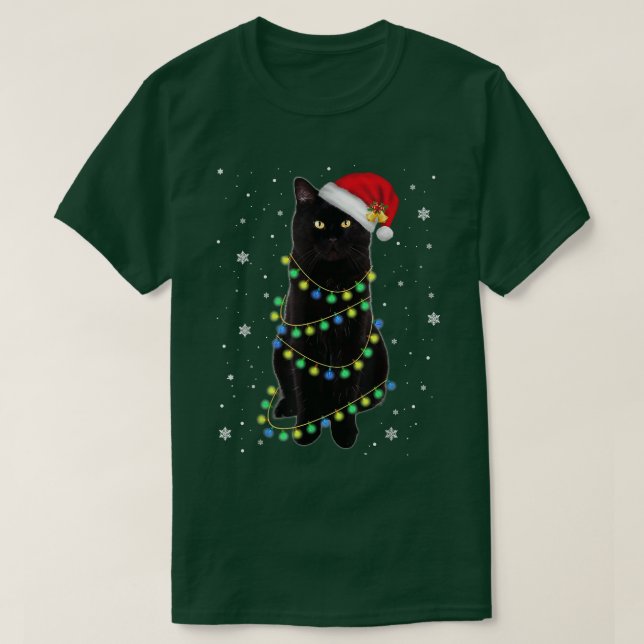 Camiseta Black Cat Santa Tangled Up In Christmas Lights  (Frente do Design)