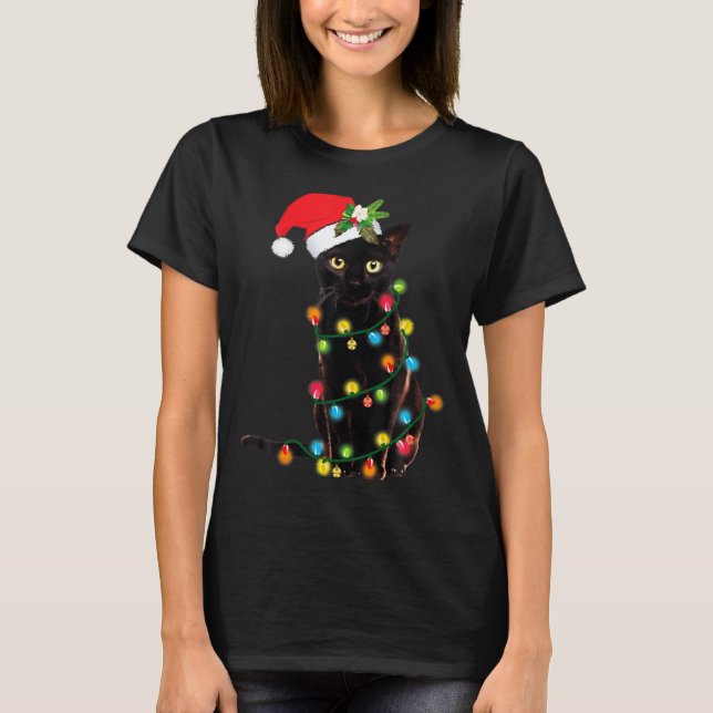 Camiseta Black Cat Santa Tangled Up In Christmas Lights  (Frente)