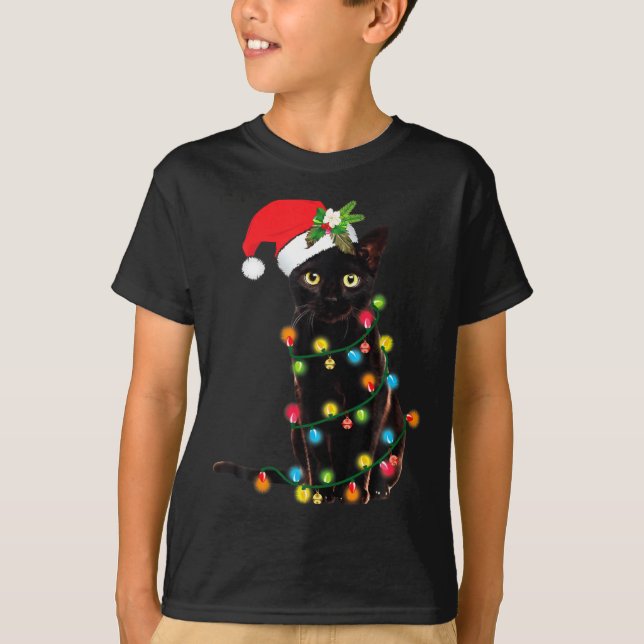 Camiseta Black Cat Santa Tangled Up In Christmas Lights  (Frente)