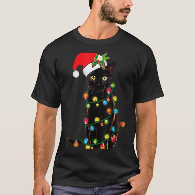 Camiseta Black Cat Santa Tangled Up In Christmas Lights _1  (Frente)