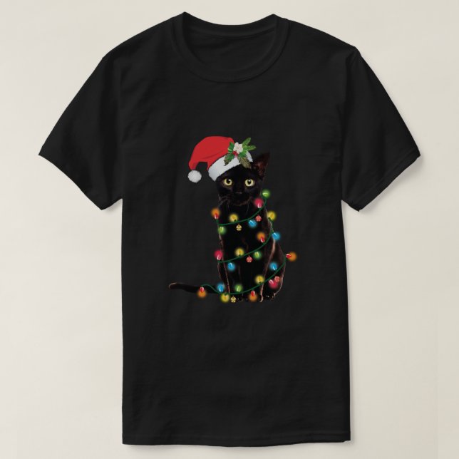 Camiseta Black Cat Santa Tangled Up In Christmas Lights Swe (Frente do Design)
