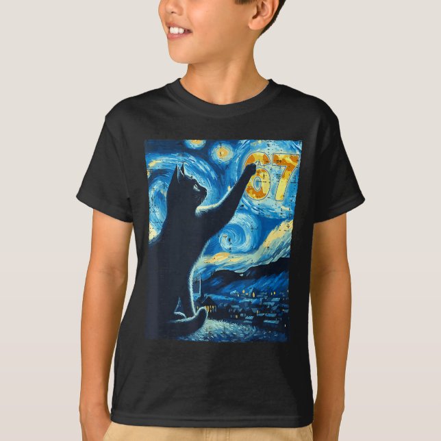 Camiseta Black Cat Starry Night Van Gogh Cat 67 Six Seven M (Frente)