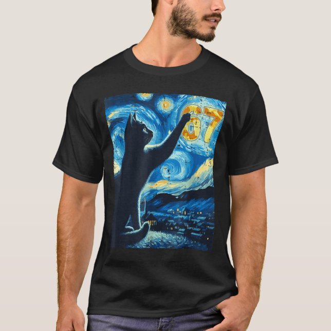 Camiseta Black Cat Starry Night Van Gogh Cat 67 Six Seven M (Frente)