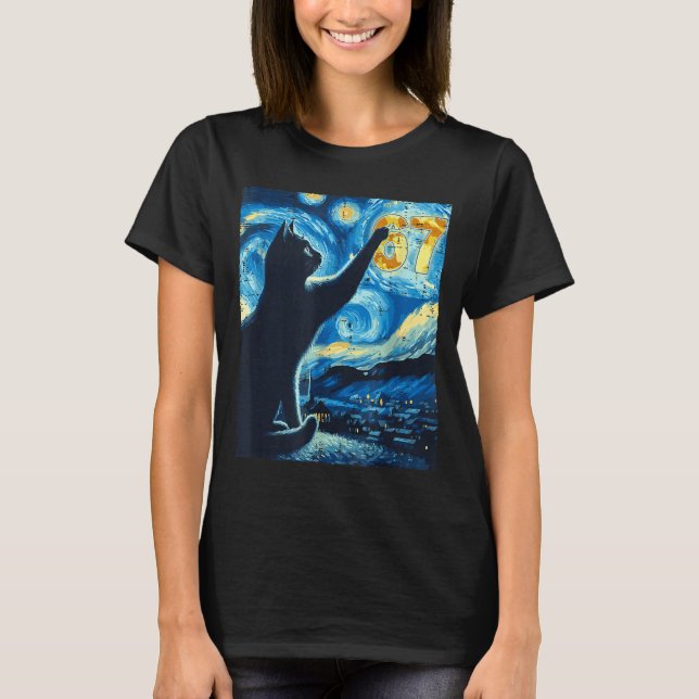 Camiseta Black Cat Starry Night Van Gogh Cat 67 Six Seven M (Frente)