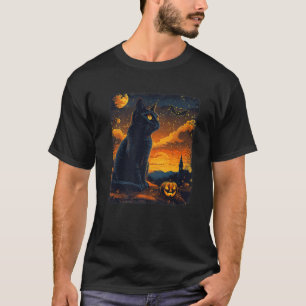 Camiseta Black Cat Starry Night Van Gogh Pumpkins Bats Hall