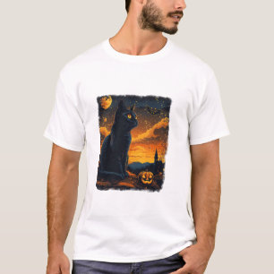 Camiseta Black Cat Starry Night Van Gogh Pumpkins Bats Hall