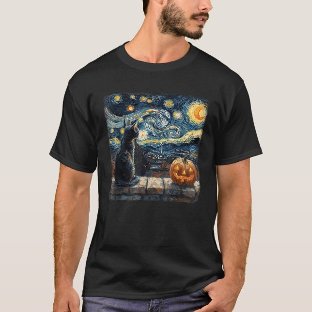 Camiseta Black Cat Starry Night Van Gogh Pumpkins Diversão  (Frente)