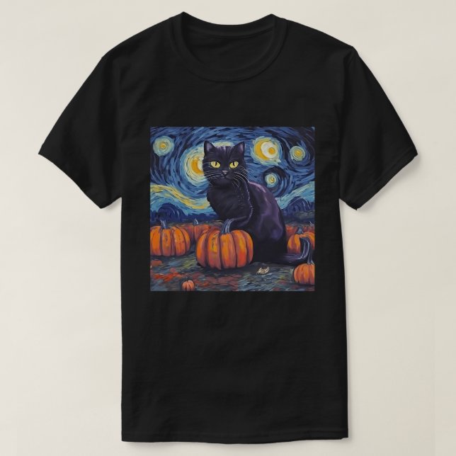 Camiseta Black Cat Starry Night Van Gogh Style Art Pumpkin (Frente do Design)