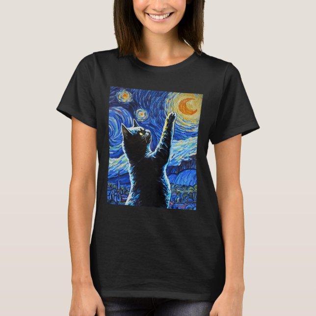 Camiseta Black Cat Starry Night Vincent Van Gogh Halloween (Frente)