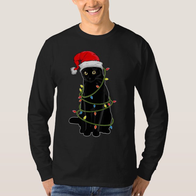 Camiseta Black Cat Tangled Up In Christmas Lights Santa Hat (Frente)