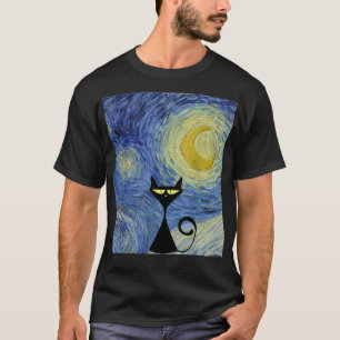 Camiseta Black Cat Van Gogh Starry Night Museum Lover Aweso