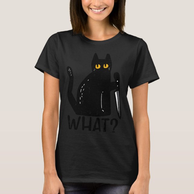 Camiseta Black Cat What Knife Funny Murderous Halloween Pet (Frente)