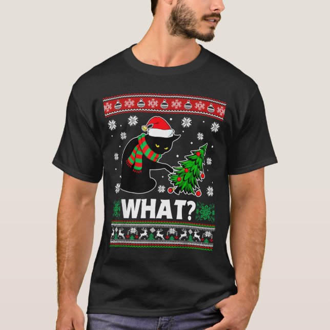 Camiseta Black Cat What Pushing Tree Over Ugly Christmas Sw (Frente)