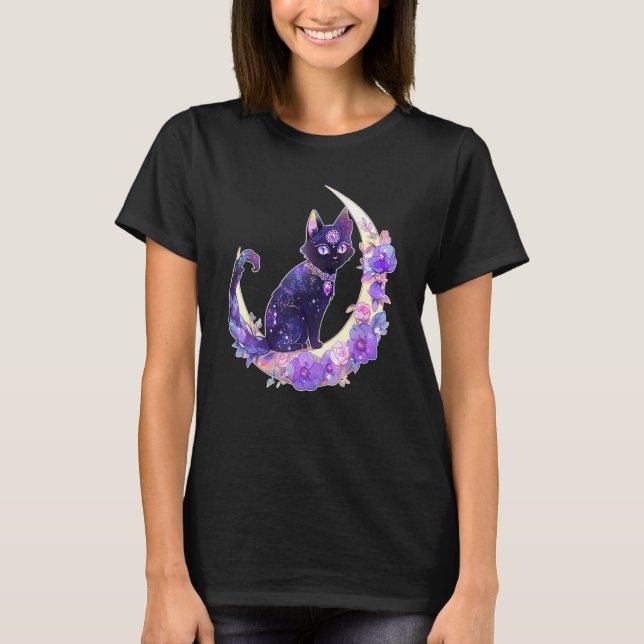 Camiseta Black Cat Witch Crescent Moon Witchy Crystal Paste (Frente)