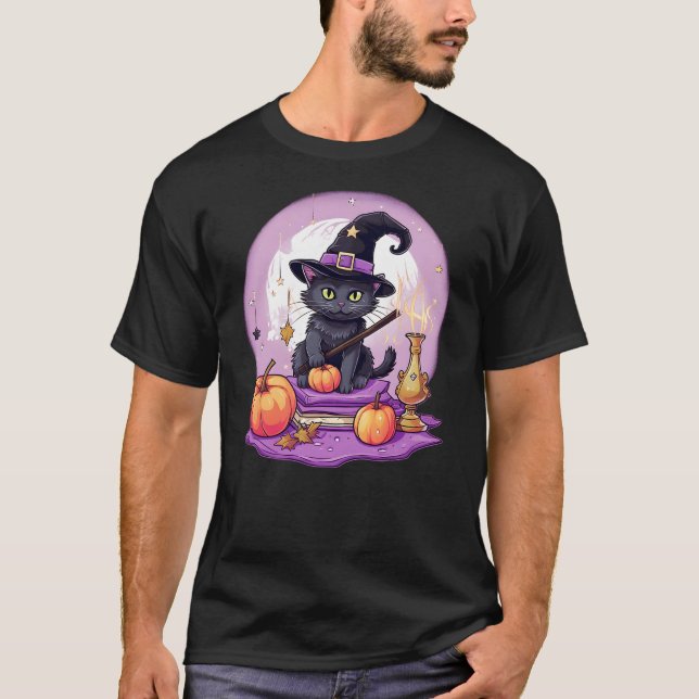 Camiseta Black Cat Witch Halloween Toddler Girls Womens Moo (Frente)