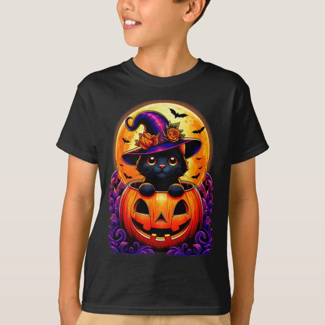 Camiseta Black Cat Witch Hat Pumpkin Funny Halloween Men Wo (Frente)