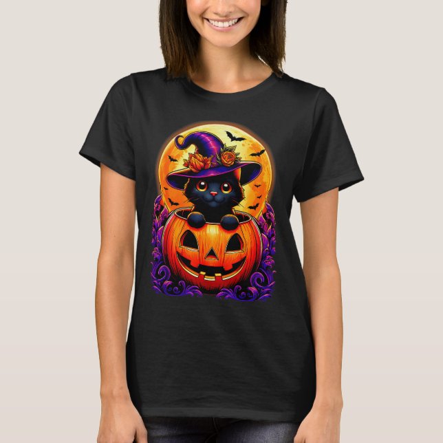 Camiseta Black Cat Witch Hat Pumpkin Funny Halloween Men Wo (Frente)