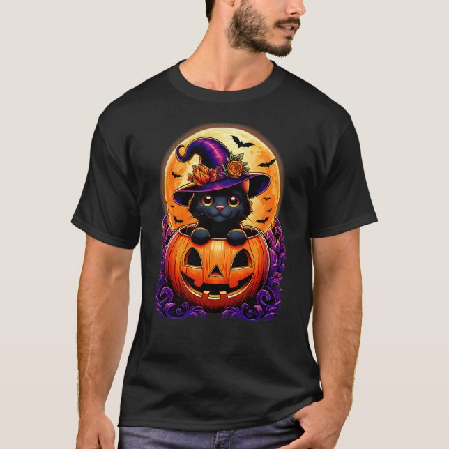 Camiseta Black Cat Witch Hat Pumpkin Funny Halloween Men Wo (Frente)