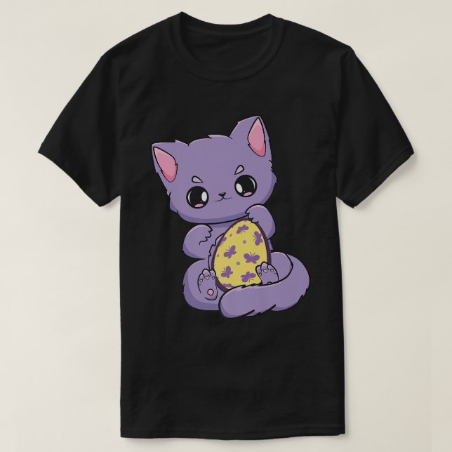 Camiseta Black Cat With Egg Happy Easter Day Anime Feline M (Frente do Design)