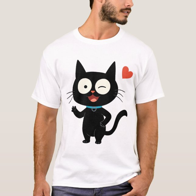 Camiseta Black Cat with Heart Cartoon (Frente)