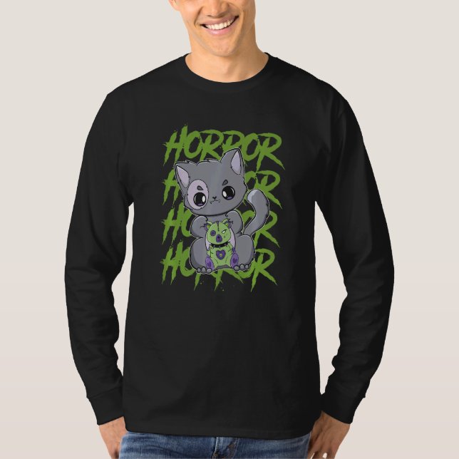 Camiseta Black Cat With Teddy Bear For Horror Fans   (Frente)