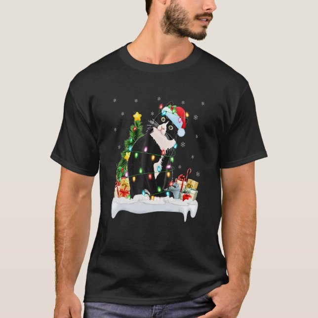 Camiseta Black Cat Xmas Ree Luzes Papais noeis Natal Gato N (Frente)