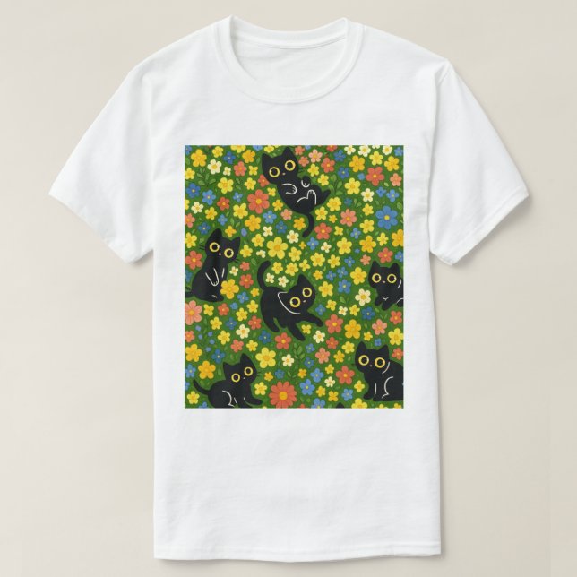 Camiseta Black Cats | Cute Black Cats Floral Meadow Pattern (Frente do Design)