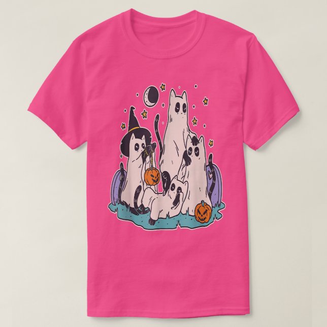 Camiseta Black Cats in Ghost CostumeCute Women and Men Hall (Frente do Design)