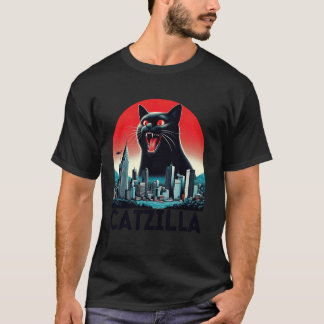Camiseta Black Catzilla Arte Japonês Pôr do Sol Gato Engraç