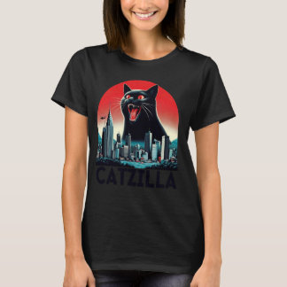 Camiseta Black Catzilla Japonês Art Sunset Funny Cat Kitty