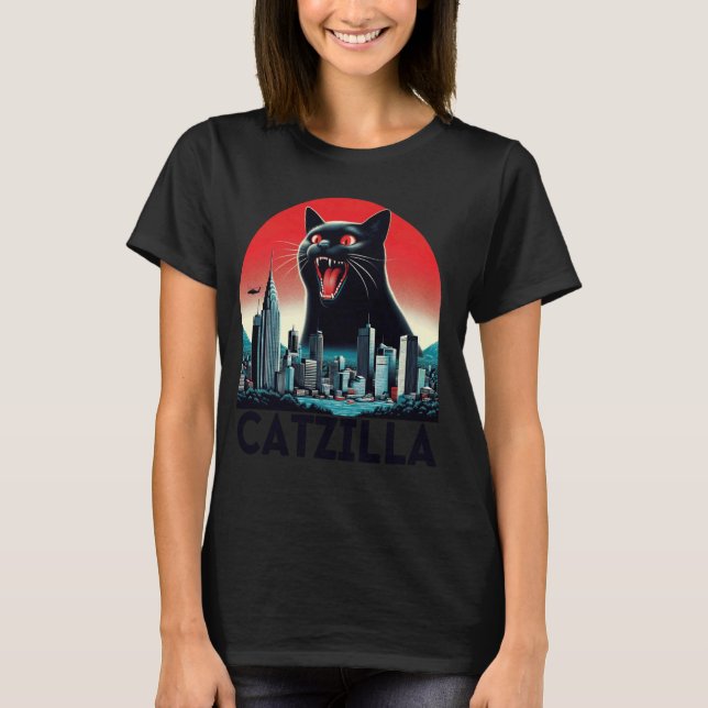 Camiseta Black Catzilla Japonês Art Sunset Funny Cat Kitty (Frente)