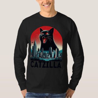 Camiseta Black Catzilla Japonês Art Sunset Funny Cat Kitty