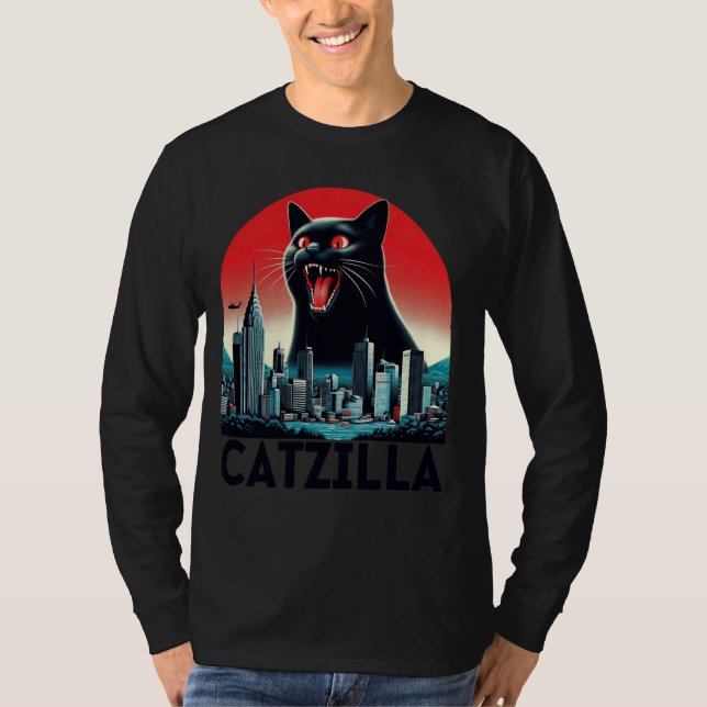 Camiseta Black Catzilla Japonês Art Sunset Funny Cat Kitty (Frente)