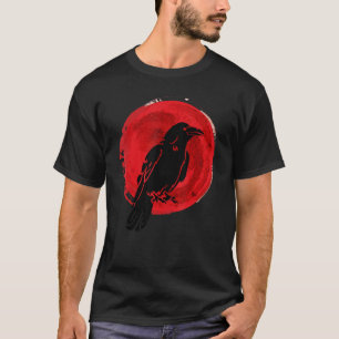 Camiseta Black Crow Occult Japão Gótico Raven Bird Red Moon