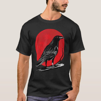 Camiseta Black Crow Occult Japão Gótico Raven Bird Red Moon