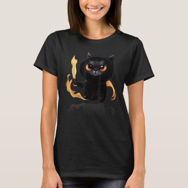 Camiseta Black Cute Cat Wizard With Power Of Fire For Anima (Frente)