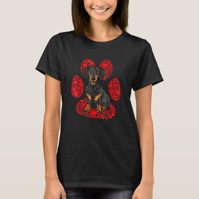 Camiseta Black Dachshund Valentines Day Dog Love Paw (Frente)