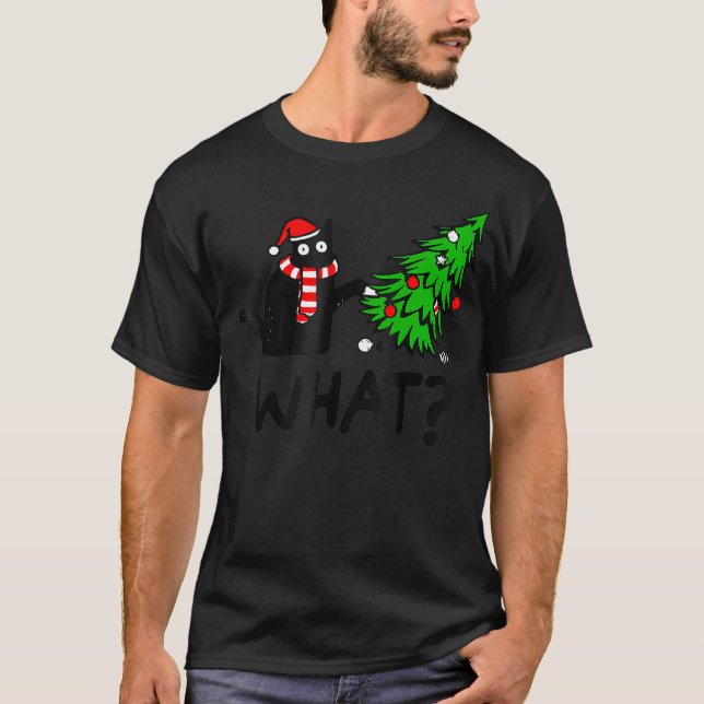Camiseta Black Funny Cat Christmas Tree Over What (Frente)