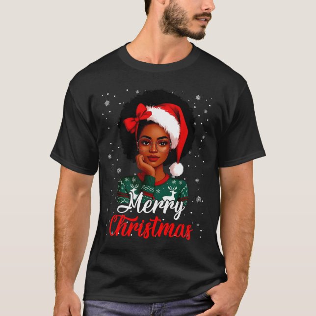 Camiseta Black Girl Afro Santa Hat Merry Christmas African  (Frente)