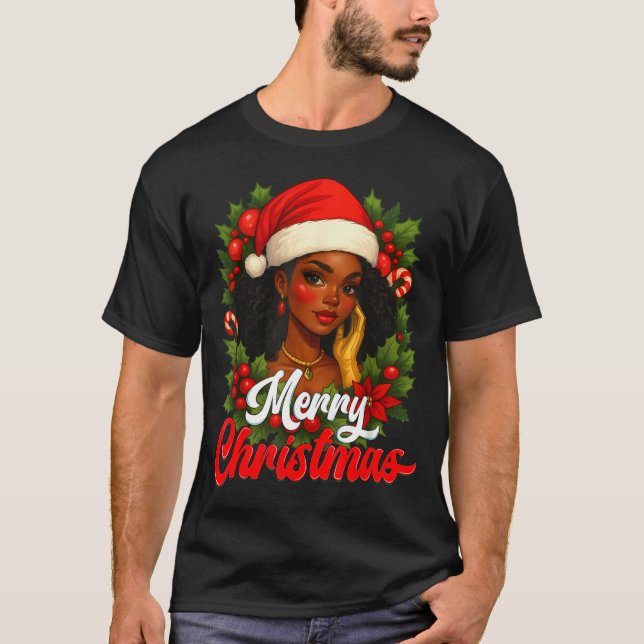 Camiseta Black Girl Santa Hat Merry Christmas Pajama Africa (Frente)